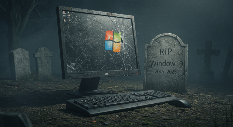 image of a headstone beside a desktop computer representing the death of Windows 10!