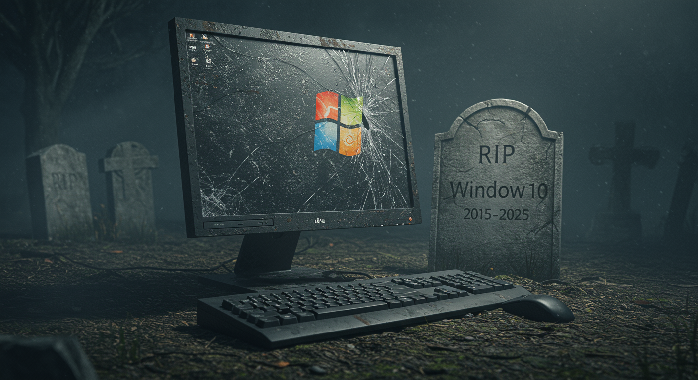 image of a headstone beside a desktop computer representing the death of Windows 10!